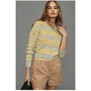 Pilcro Anthropologie Striped Bird Pointelle Knit Sweater Yellow Green Linen S